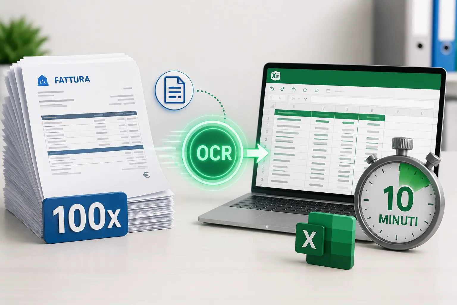 100 supplier invoices being batch-converted to a single Excel workbook with OCR
