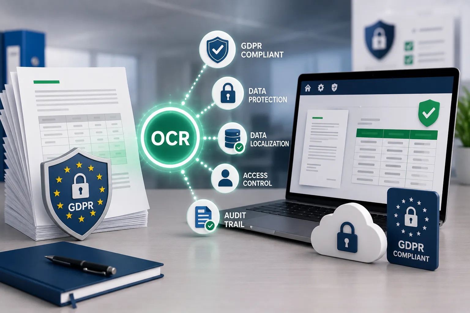 GDPR-compliant document processing with EU server icons and data protection shields